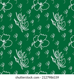 Seamless vector pattern floral white line on green background for Saint Patrick's day.Summer print, botanical doodle hand drawn. Designs for textiles,fabric,wrapping paper,packaging,scrapbooking.