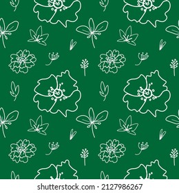 Seamless vector pattern floral white line on green background for Saint Patrick's day.Summer print, botanical doodle hand drawn. Designs for textiles,fabric,wrapping paper,packaging,scrapbooking.