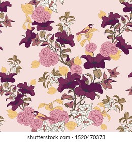 
Seamless vector pattern with flower branches and titmouse birds