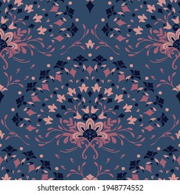 Seamless vector pattern with flower fan on blue background. Romantic floral rainbow wallpaper design. Decorative fashion textile.