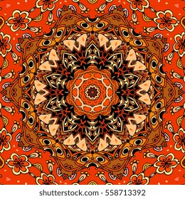 Seamless vector pattern with flower- mandala in ethnic style. Lovely tablecloth.