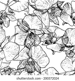 Seamless vector pattern with flower of orchid. Black and white hand drawing background. Flowers of orchid. Decorative pattern for printing, wedding decoration and textile