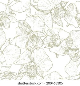 Seamless vector pattern with flower of orchid. Beige design background