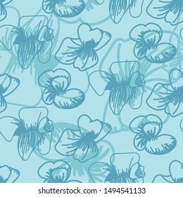 A seamless vector pattern with flower outlines on a blue background. Surface print design.