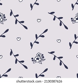 Seamless vector  pattern with flower and twig on light grey background. Simple vintage floral wallpaper design. Decorative romantic fashion textile.