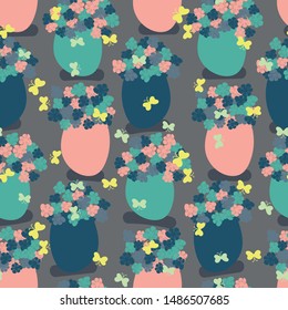 A seamless vector pattern with flower vases and butterflies. Surface print design.