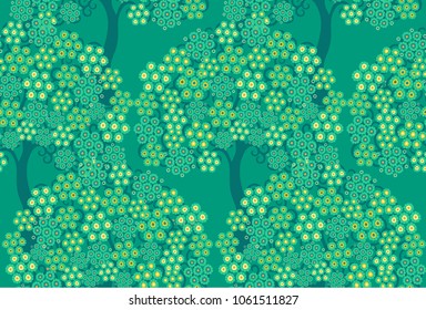 Seamless vector pattern with flowering trees  on green background