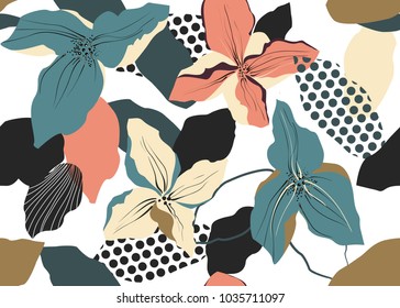 Seamless vector pattern with flowers, abstract forms and dots