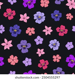 Seamless vector pattern of flowers. Background for greeting  card, website, printing on fabric, gift wrap, postcard and wallpapers. Pansy, anemone, phlox flowers.