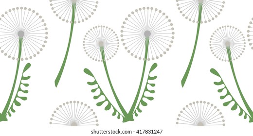 Seamless vector pattern with flowers. Background with grey dandelions and leaves on the white backdrop. Series of Summer Seamless Vector Patterns.