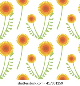 Seamless vector pattern with flowers. Background with orange dandelions and leaves on the white backdrop. Series of Summer Seamless Vector Patterns.
