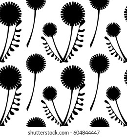 Seamless vector pattern with flowers. Background with black dandelions on the white backdrop. Series of Black and White Seamless Vector Patterns.