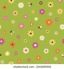 Seamless vector pattern with flowers and bees on a green textured background, great for kid products