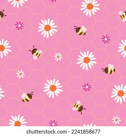 Seamless vector pattern with flowers and bees on a pink textured background, great for kid products