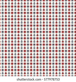 Seamless vector pattern with flowers and beetles in red and gray palette