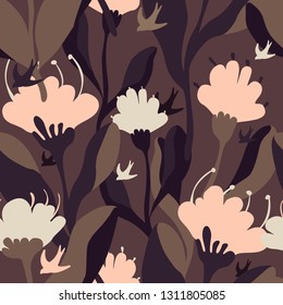 seamless vector pattern with flowers and birds. abstract hand drawn floral buds on dark background. fashion style