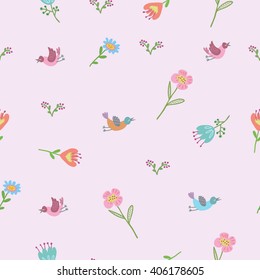 Seamless vector pattern of flowers and birds in a children's style.at cute cartoon drawing, delicate colors.The illustration on a pink background.