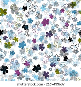 Seamless vector pattern with flowers in blue, green, purple, black. Floral wallpaper, fabric