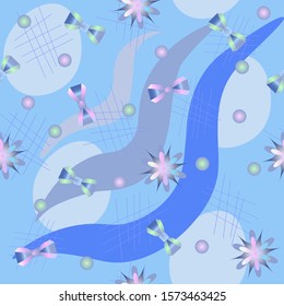 Seamless vector pattern with flowers, bows and waves. Blue background, geometric elements.