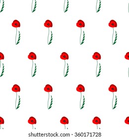Seamless vector pattern with flowers. Bright symmetrical background with poppies on the white backdrop