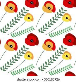 Seamless vector pattern with flowers. Bright background with closeup poppies with leaves on the white backdrop