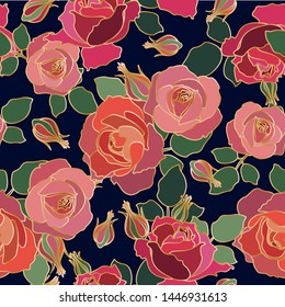 Seamless vector pattern with flowers and buds of roses with a golden outline.