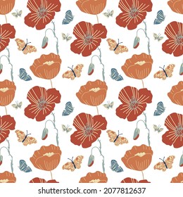 Seamless vector pattern with flowers and butterflies on isolated background.Decorative,festive,repeating,bright print in flecked style.Design for textiles,wrapping paper,packaging,fabric.