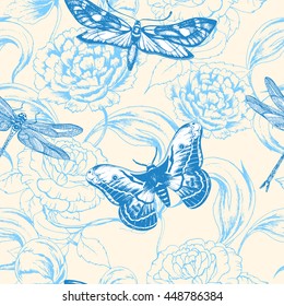 Seamless vector pattern with flowers , butterfly , dragonfly on beige. Hand drawn floral background in vintage style. For wedding, greeting card, wrapping paper, fabric and other seamless design.