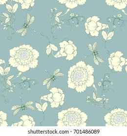Seamless vector pattern with flowers in chinoiserie style for scrapbooking, Save the date card, postcard, flyer or wedding invitation, wallpaper, wrapping paper. Blue background.