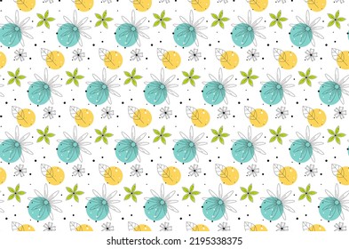 Seamless vector pattern flowers with circles. Ornament of wildflowers, leaves and circles