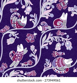 Seamless vector pattern with flowers, cute cats and birds on violet background