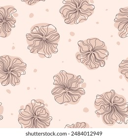 
Seamless vector pattern with flowers. Delicate romantic vector pattern with a linear pattern of flowers. Brown outline and pinkish-beige rounded spots.