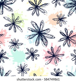 Seamless vector pattern with flowers doodles on the background with colorful blobs and stains. Flowers sketches were drawn by hand with a pen. 