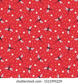 Seamless vector pattern with flowers and dragonflies. Bright children`s background for printing on wallpaper, textiles.