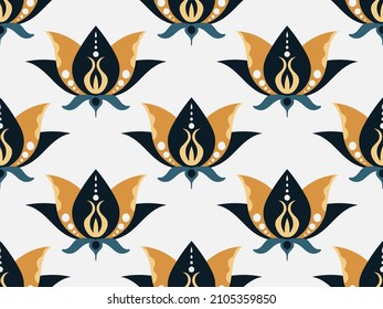 Seamless vector pattern with flowers. Ethnic design for textiles and wallpapers with lotus symbol. Oriental and Asian floral motif. 