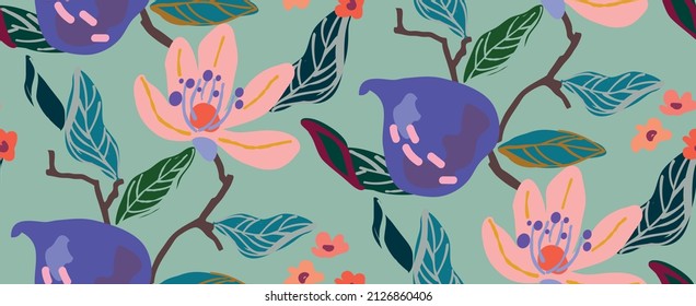 Seamless vector pattern with flowers and figs. Situable for greeting cards, gift wrap and wallpaper