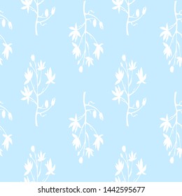 Seamless vector pattern of flowers. Flat graphics. White silhouettes on a blue background. For decor and design of fabric, paper, Wallpaper, packaging.