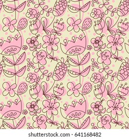 Seamless vector pattern with flowers and foliage.