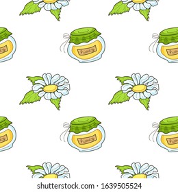 Seamless vector pattern of flowers and honey jar. stylized Summer repetitive pattern with leaves, sweet bee nectar, mint leaf and chamomilla. Endless print on white background in hand drawn style