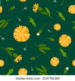 Patrón vectorial sin foco con flores, inflorescencia y hojas de leones sobre un fondo verde. Diseño elegante con plantas realistas para tela, papel pintado, textil y decoración.