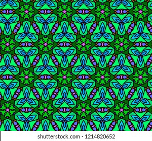A seamless vector pattern with flowers and leafs.  A mosaic seamless vector pattern. 
Hand drawn vector illustration.