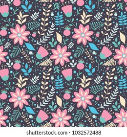 Seamless vector pattern with flowers and leaves