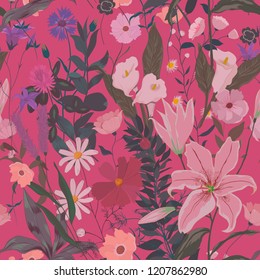 Seamless vector pattern with flowers, leaves. 