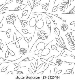 Seamless vector pattern with flowers and leaves on white background. Simple liner art wallpaper design. Sketch hand drawn pencil art.