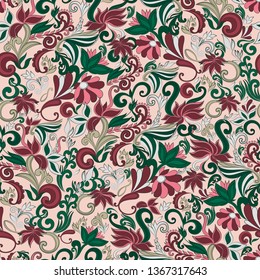 Seamless vector pattern with flowers and leaves on a pink background