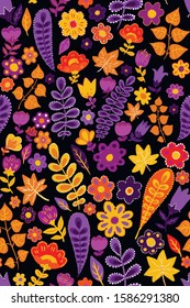Seamless vector pattern with flowers and leaves in orange and purple colors.