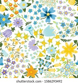 Seamless vector pattern with flowers and leaves in yellow-lilac and blue colors.