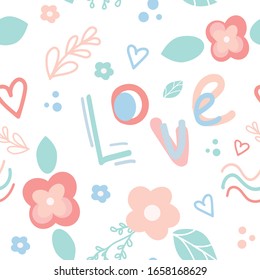 Diseño vectorial sin inconvenientes con flores, hojas, formas y la inscripción "Amor".Interminable adorno floral para tela, invitaciones, papel envolvente, tarjetas y otros materiales.