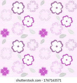 Seamless vector pattern with flowers and leaves in purple tones on a light violet textured background. Art illustration. Cover design, packaging and wrapping background.