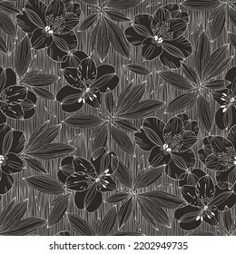Seamless vector pattern with  flowers and leaves on a black striped background. Floral abstract background.  Line art. Perfect for wallpaper, wrapping, fabric and textile. 